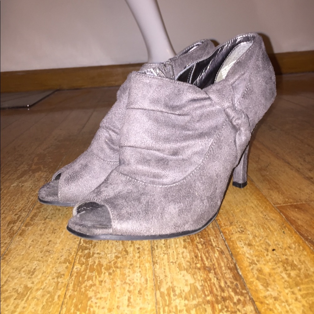 Gray suede peep toe booties